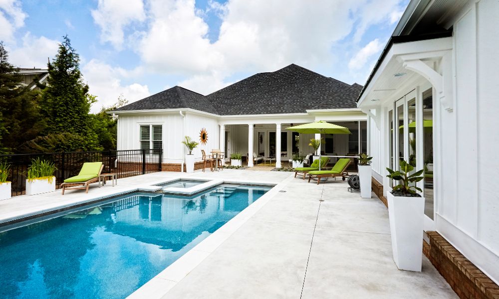Contemporary home with outdoor pool and lounge area